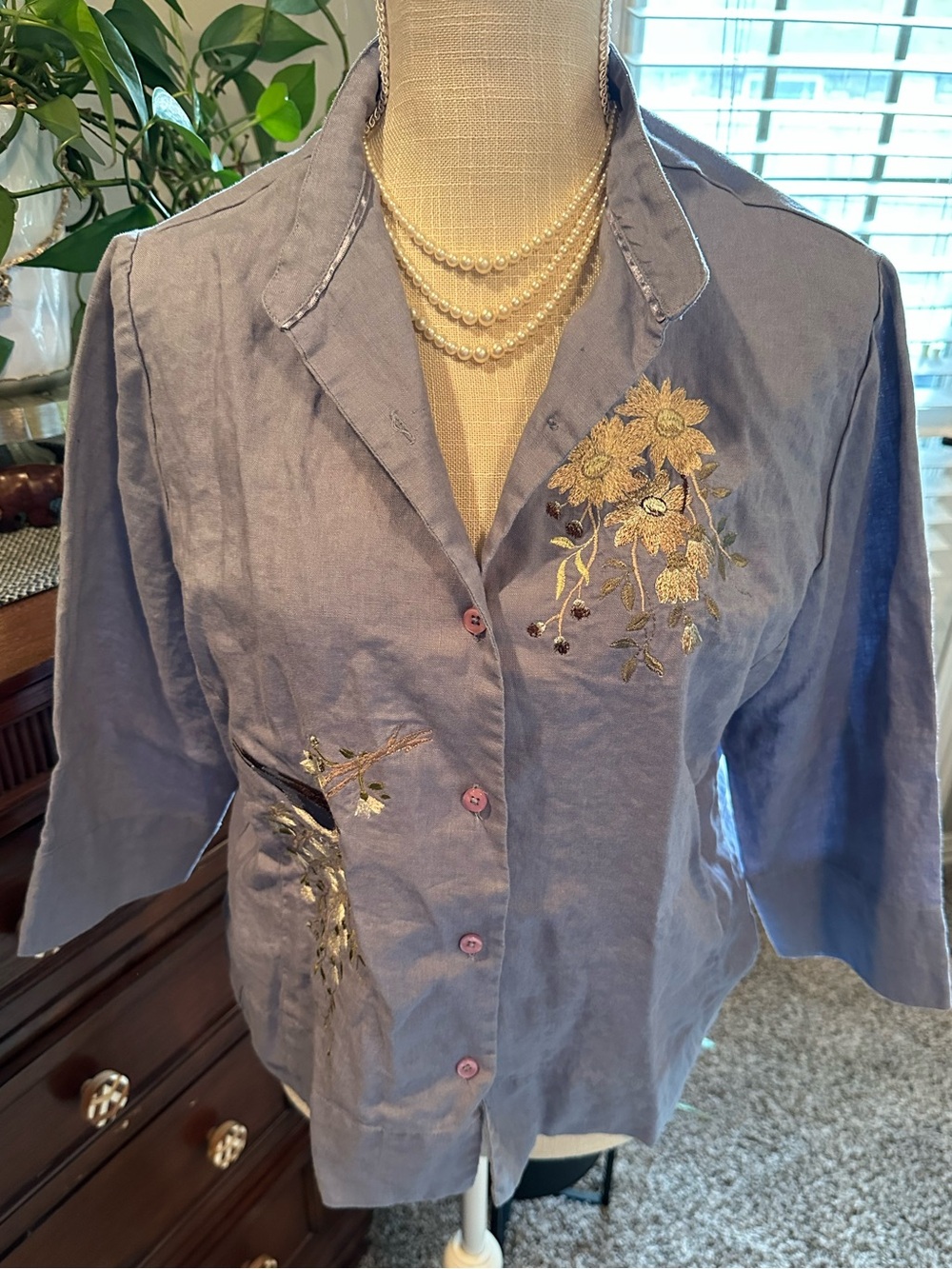 Vintage Blue Embroidered Button-Front Blouse